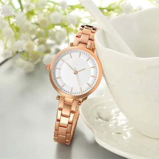 P-7.1 Metal Wristwatch Classy Fashion Clock Female Stainless Steel Dress Watch-Golden White - Image 1