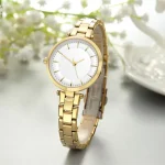Metal Wristwatch Classy Fashion Clock Female Stainless Steel Dress Watch-Golden White - Image 2